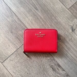 kate spade red and gold zip-around leather card wallet